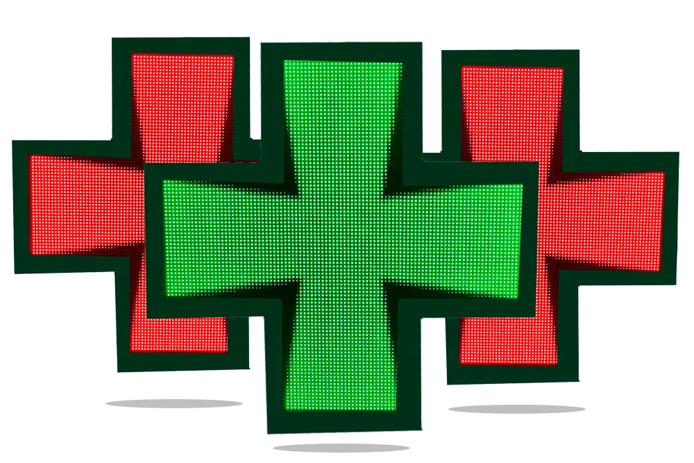imagen de la cruz de farmacia norma en rojo y verde de Expofarm