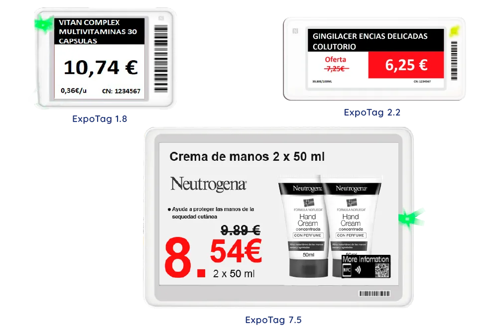 imagen de los distintos tamños de las etiquetas electrónicas de Expofarm